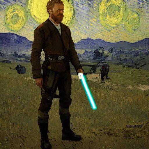 Image similar to van gogh as a star wars jedi knight, cinematic lighting, highly detailed, concept art, art by wlop and artgerm and greg rutkowski, masterpiece, trending on artstation, 8 k