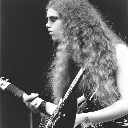 Prompt: 19-year-old woman holding electric guitar, long shaggy red hair, permed hair, stoner rock concert, proto-metal concert, 1973, 8mm photography