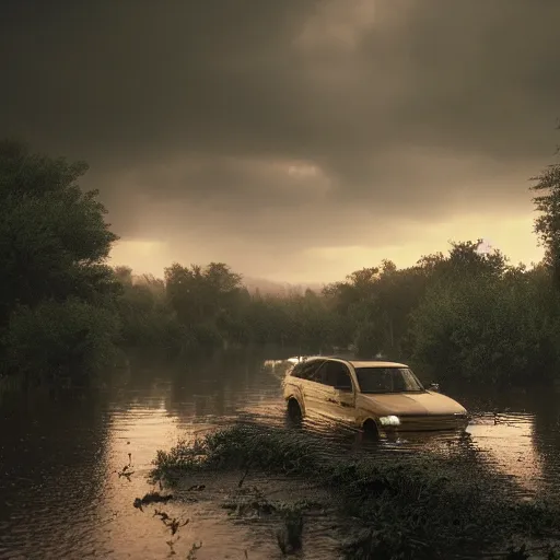 Image similar to realistic extremely detailed photo real portrait of a flood, dusk, elegant, moody muted colors, gregory crewdson, leibovitz, octane render, 4 k