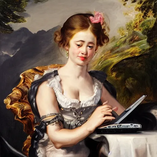 Image similar to heavenly summer sharp land sphere scallop well dressed lady working on her laptop auslese, by peter paul rubens and eugene delacroix and karol bak, hyperrealism, digital illustration, fauvist