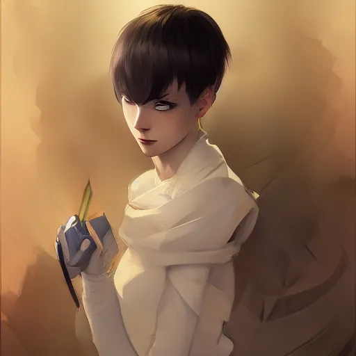 Image similar to Portrait of young Boxxy with sidebuzzed haircut, slight nerdy smile, elegant, digital painting, artstation, concept art, smooth, sharp focus, illustration, art by artgerm and greg rutkowski and alphonse mucha