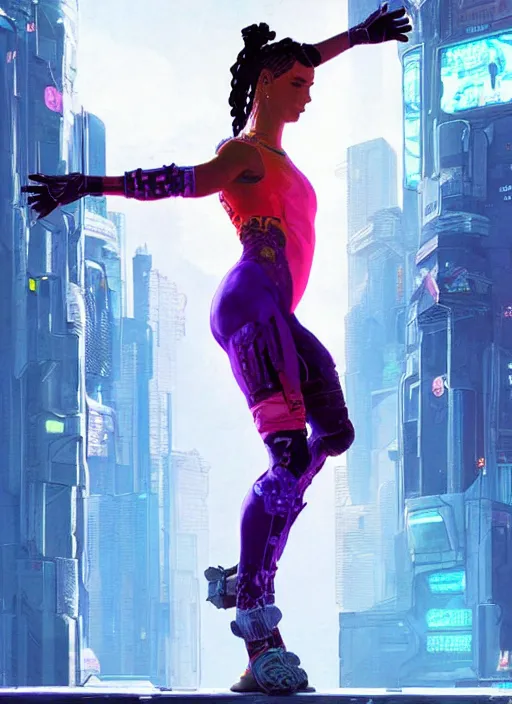 Image similar to maria. apex legends cyberpunk gymnast. concept art by james gurney and mœbius. gorgeous face, cinematic, dramatic lighting ( cyberpunk 2 0 7 7 ), clean aesthetic