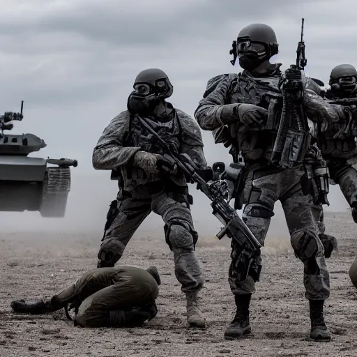 Image similar to Special Forces in grey uniform with black body armor under artillery fire in 2022, photo by Adam Ferguson, Pulitzer Winning, cinematic composition, breathtaking, modern, 2022