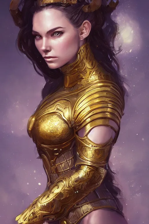 Image similar to three-quarters portrait pose of a beautiful woman, strong body, shining gold armor, human warrior, fantasy, intricate, elegant, highly detailed, digital painting, artstation, concept art, matte, sharp focus,D&D, illustration, art by Stanley Lau