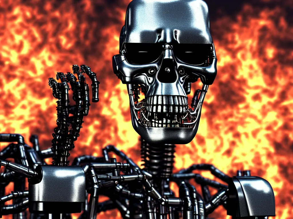 Image similar to terminator endoskeleton close up with a city street background, smoke, fi, chrome, shiny, reflective, metallic, 3 d, render, realistic, hdr, stan winston studios, dramatic lighting, flame colors bright