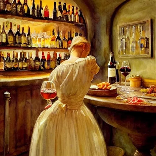 Image similar to beautiful blonde in hot dress in a wine cellar, food, pork, beer, schnapps, rustic, traditional, torches on the wall, watercolor by vladimir volegov, highly detailed, masterpiece, details by carl larsson