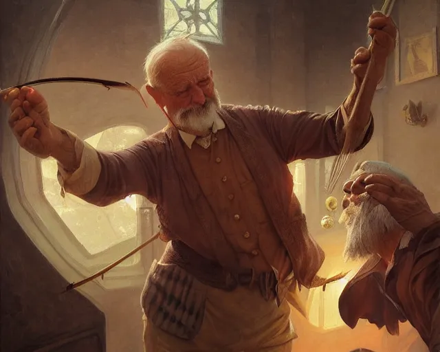 Prompt: detailed painting of an old man slapping a man with a fish, deep focus, d & d, fantasy, intricate, elegant, highly detailed, digital painting, artstation, concept art, matte, sharp focus, illustration, hearthstone, art by artgerm and greg rutkowski and alphonse mucha