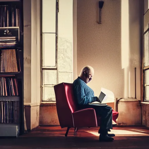 Image similar to old fatman sitting on chair reads book, light stubble, cinematic, dramatic