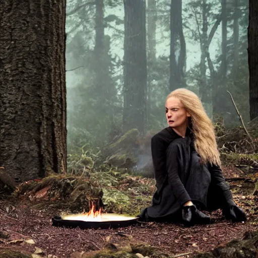 Image similar to candid photo of in the woods, sitting on the porcelain throne, playing with fire by Annie Leibowitz, photorealisitc, extremely detailed
