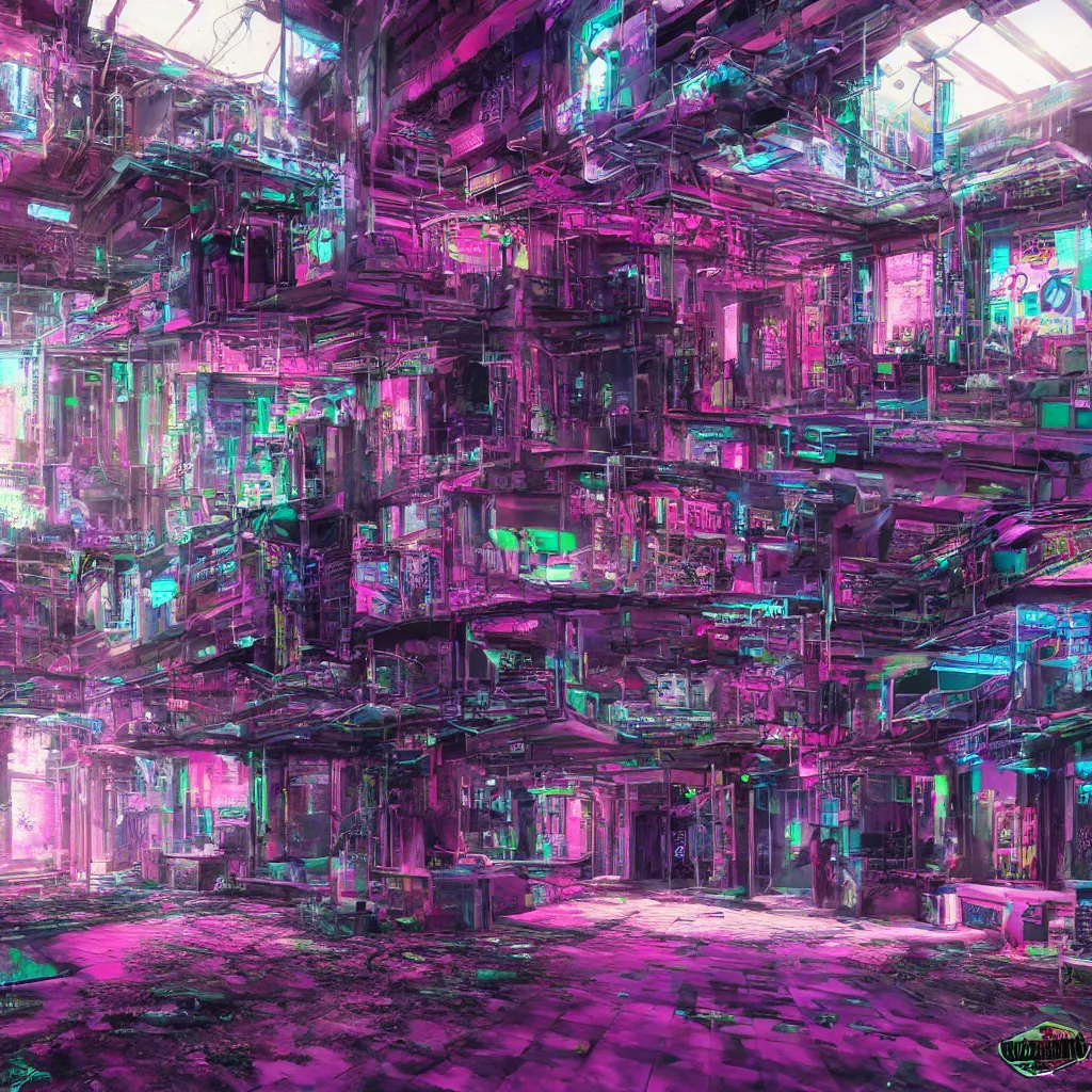 Image similar to urbex, vaporwave synthwave cyberpunk psychedelic