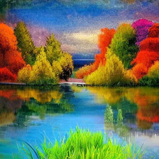 Image similar to lakeside, dreamlike, bright colors, fantasy,