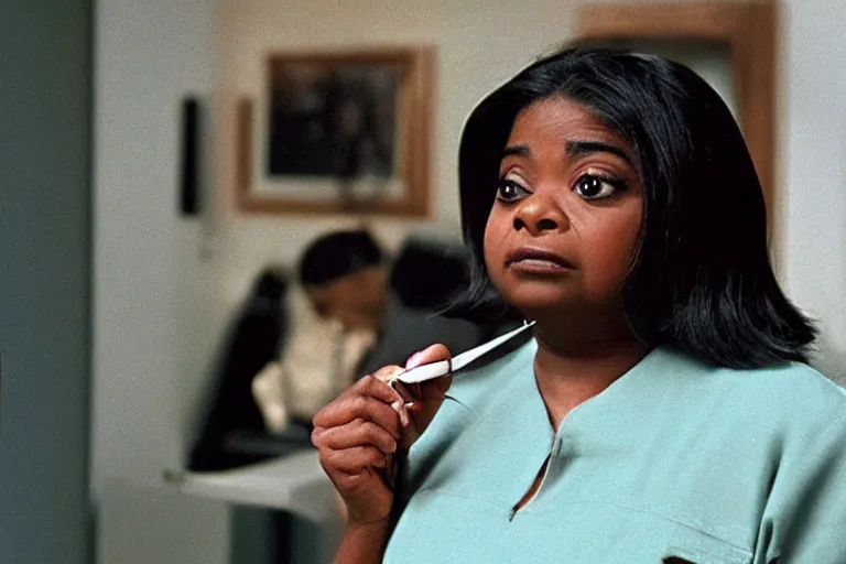 Image similar to screenshot of close up of octavia spencer removes a small hearing device with tweezers from her left ear, iconic scene from the paranoid sci fi thriller film directed by stanley kubrick, apartment set in the near future, cinematic shot with anamorphic lenses, color theory, apartment design, leading lines, photorealistic, volumetric lighting