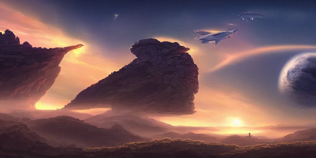 Prompt: pixel art huge sci - fi space ship flies over on an alien planet, sci - fi, two suns in the sky, sunset, strange rock formations, rolling hills, atmospheric, misty, artstation, deviantart