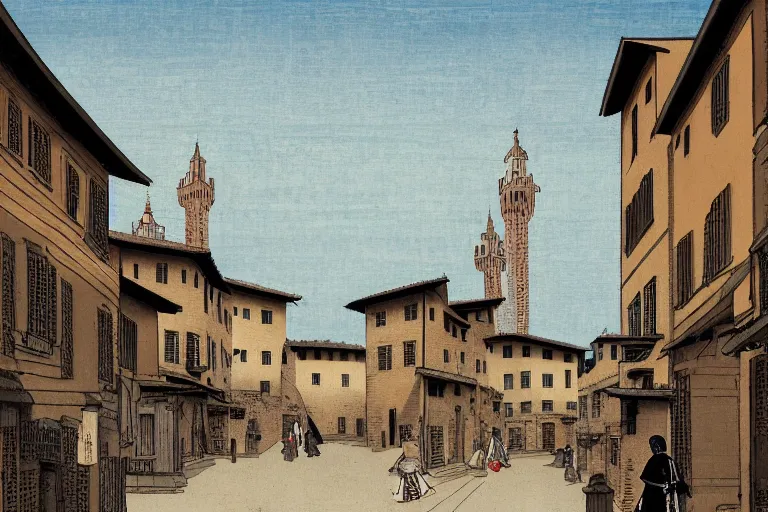 Prompt: florence old street in 1 6 th century with a tower in background by hiroshige utakawa, trending on artstation