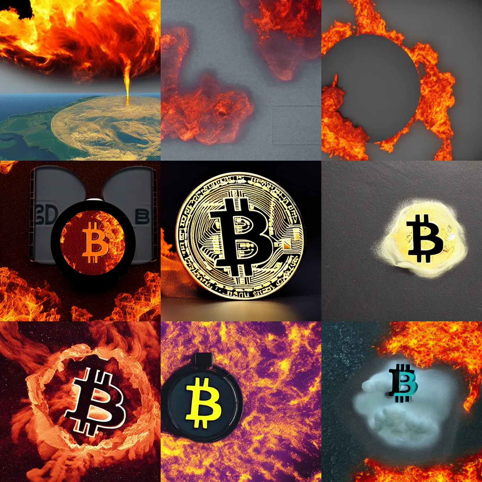 Prompt: < 3 d - film polluted > a think plume of pollution in the shape of bitcoin covers the earth in flames < / 3 d - film >