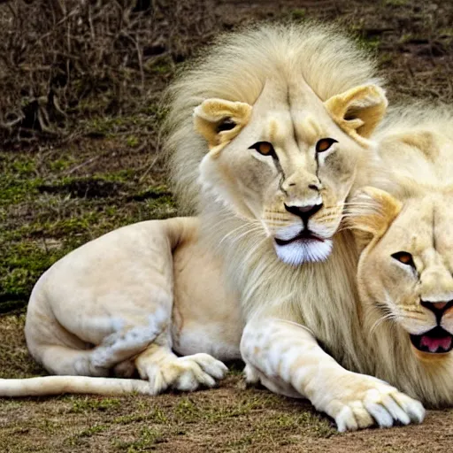 Prompt: albino lion laying next to a savannah cat