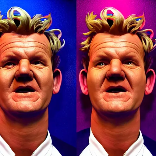 Image similar to photorealistic gordon ramsay with devil horns in the style of michael whelan. hyperdetailed photorealism, 1 0 8 megapixels, amazing depth, high resolution, 3 d shading, 3 d finalrender, 3 d cinematic lighting, glowing rich colors, psychedelic overtones, artstation concept art.