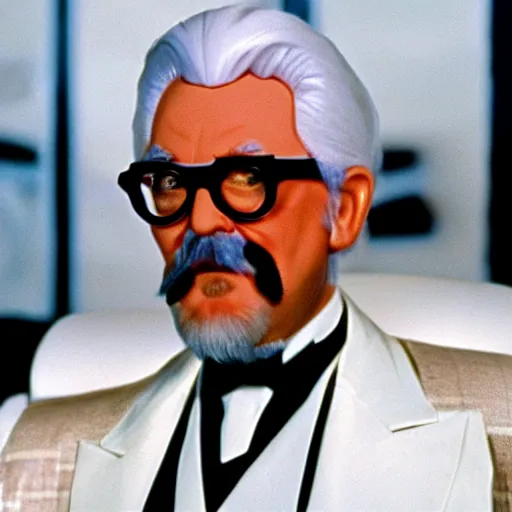 Prompt: A movie still of Colonel Sanders as a 1980s supervillian