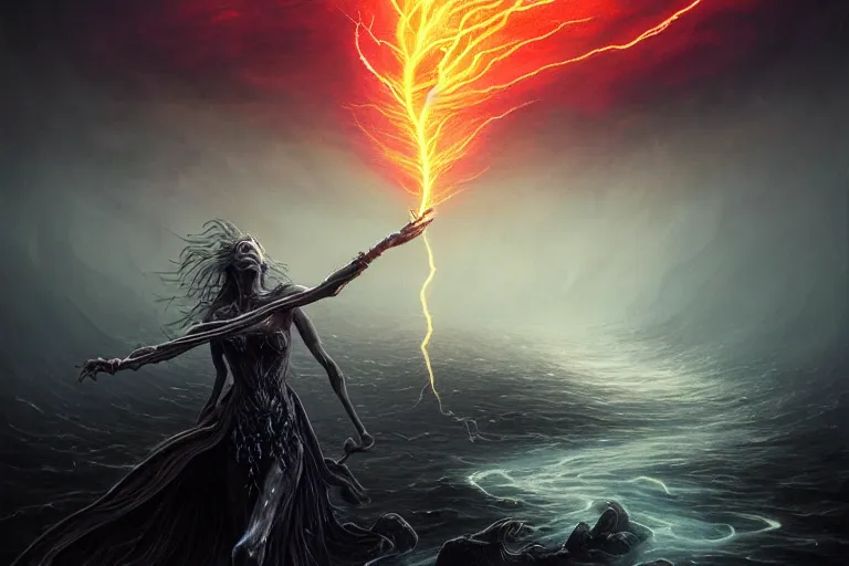 Prompt: Beautiful Eldritch Goddess of Lightning Attacking a Riverside Town, digital art, fantasy, magic, trending on artstation, illustration by Seb McKinnon and Peter Mohrbacher, ultra detailed, atmospheric, powerful presence, bossfight, darksouls, grand finale, explosive entrance, final battle, cutscene, cinematic lighting, unleashing the power of the flame, burning pulse, close-up