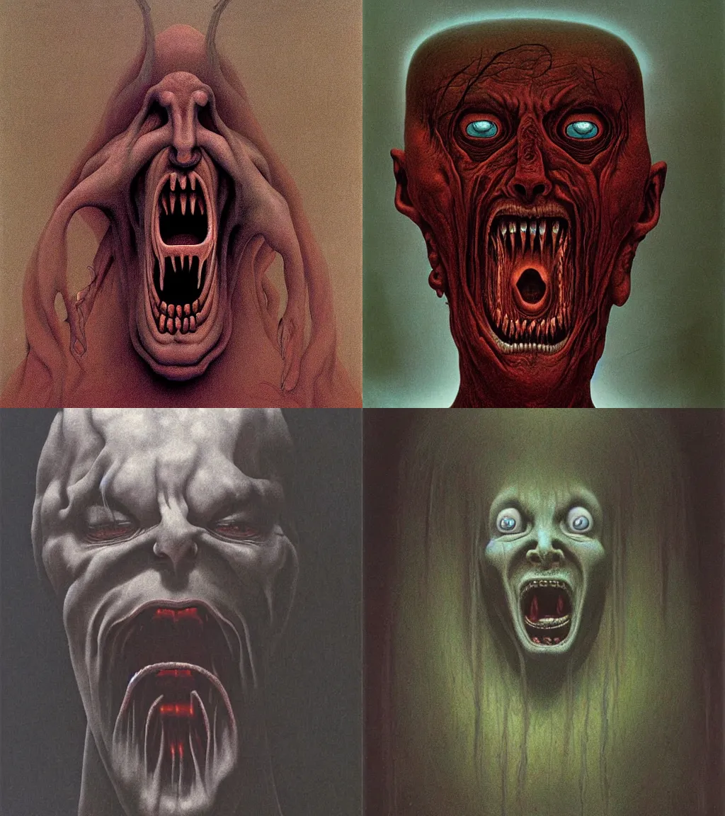 Prompt: long faced demonic entity screaming, portrait by Zdzisław Beksiński