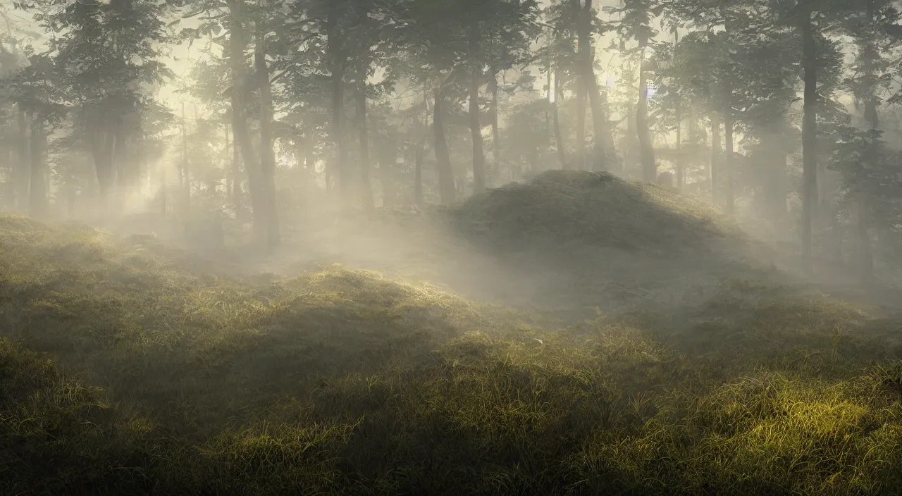 Image similar to photorealistic matte painting of me burns standing far in misty overgrowth undergrowth jagged rock features volumetric fog light rays high contrast dawn