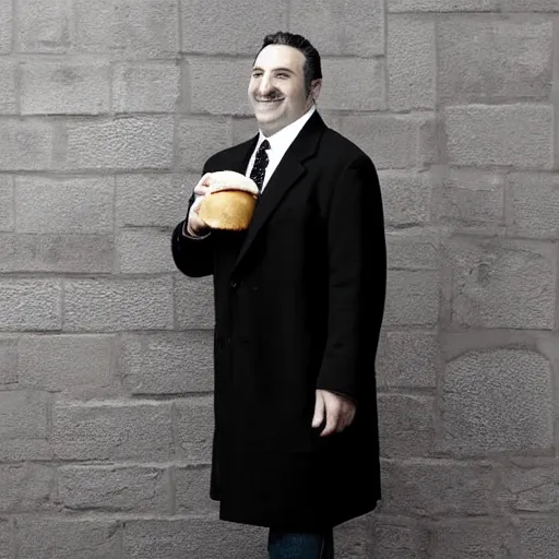 Image similar to full length shot : : clean - shaven smiling white chubby italian american man in his 4 0 s wearing a long brown overcoat and necktie and black shoes shoes shoes holding a burger, 2 0 0 6 advertising promo shot