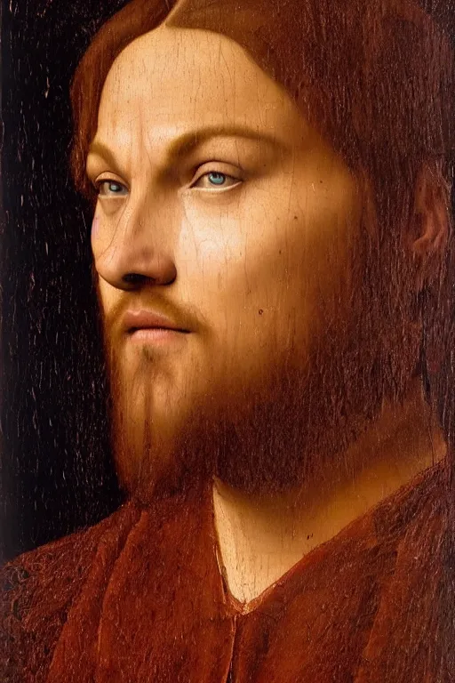 Image similar to 1 4 0 0 s renaissance portrait of leonardo dicaprio oil painting by jan van eyck, northern renaissance art, oil on canvas, wet - on - wet technique, realistic, expressive emotions, intricate textures, illusionistic detail