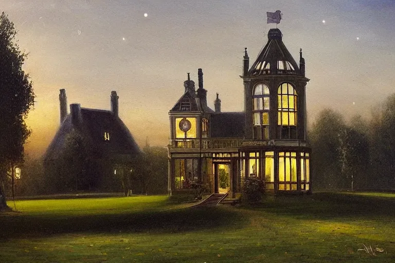 Image similar to a beautiful painting of a victorian house with bay windows, a tower and a greenhouse at night, very detailed by samuel and joseph newsom, harry potter