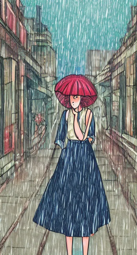 Image similar to girl in a summer rain ,hand draw,manga,ghibli studio style,retro style,90s vibe,Aesthetic,city