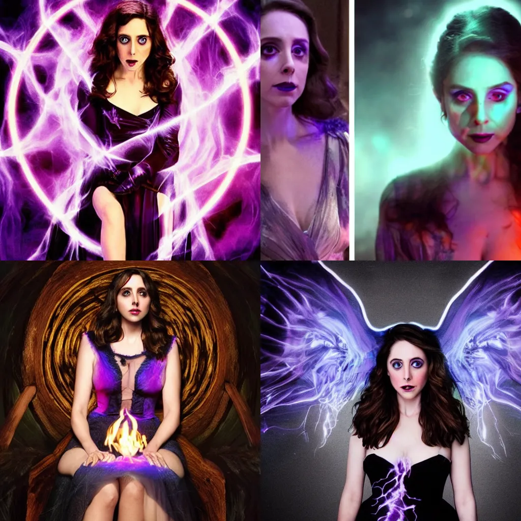 Image similar to Beautiful Alison Brie as a witch, in spooky and dark with den, lit by purple and blue flames, Symmetrical face, symmetrical eyes