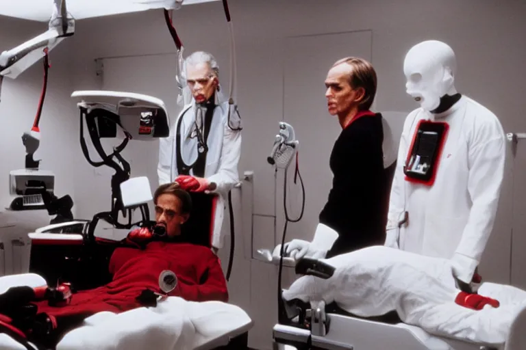 Image similar to a scene from the movie dead ringers with jeremy irons, dark cinematic lighting, heavy black and red palette and color contrast, medical equipment, movie directed by wes craven