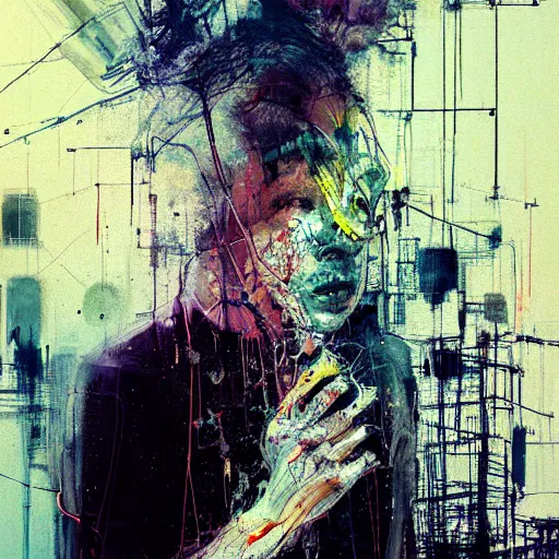 Image similar to man stealing the energy from another man, wires, cybernetic machines and decay moody hyperrealism 8 k photo atmospheric by jeremy mann francis bacon and agnes cecile ink drips paint smears digital glitches glitchart