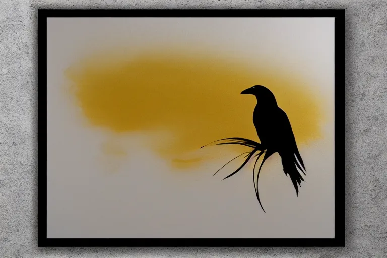 Prompt: beautiful serene smart raven, healing through motion, minimalistic golden and purple ink airbrush painting on white background