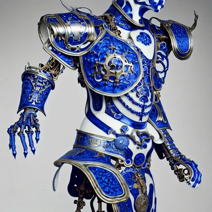 Image similar to bone cyborg armor, chinese blue and white porcelain 1 4 th century, diffuse lighting, fantasy, intricate, elegant, highly detailed, lifelike, photorealistic, digital painting, artstation, illustration, concept art, smooth, sharp focus, art by john collier and albert aublet and krenz cushart and artem demura and alphonse mucha