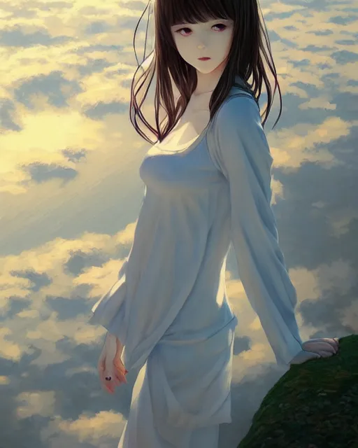 Image similar to infinitely detailed full - body portrait pale female peaceful dream angel wearing elegant clothes. beautiful! scenery art! by wlop & murata range, by ilya kuvshinov. artstation!! / pixiv!!