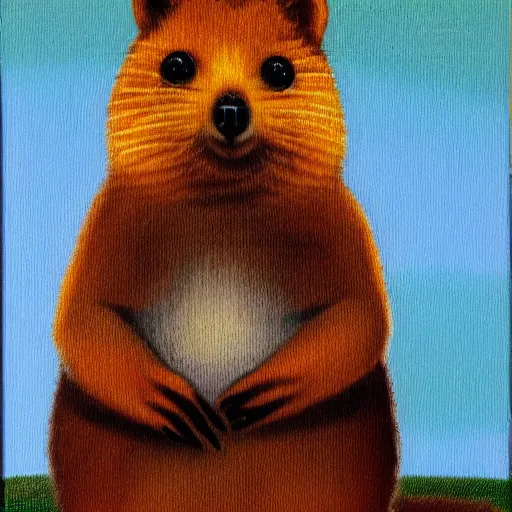 Image similar to detailing portrait oil painting of quokka in the style of grant wood, perfect lighting