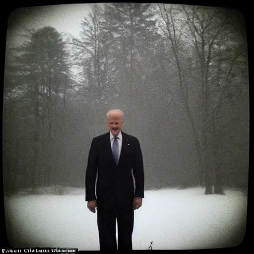 Prompt: low quality iphone photo taken in front of a house window of joe biden with standing ominously in the foggy woods with a demonic smile in his face, creepy