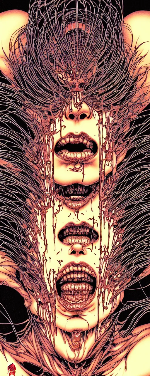 Image similar to closeup of face melting in agony, inside a frame on a tiled wall, frontal picture, by yoichi hatakenaka, masamune shirow, josan gonzales and dan mumford, ayami kojima, takato yamamoto, karol bak