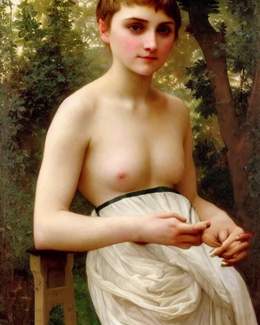 Image similar to annasophia robb with bowl haircut, bouguereau and mucha