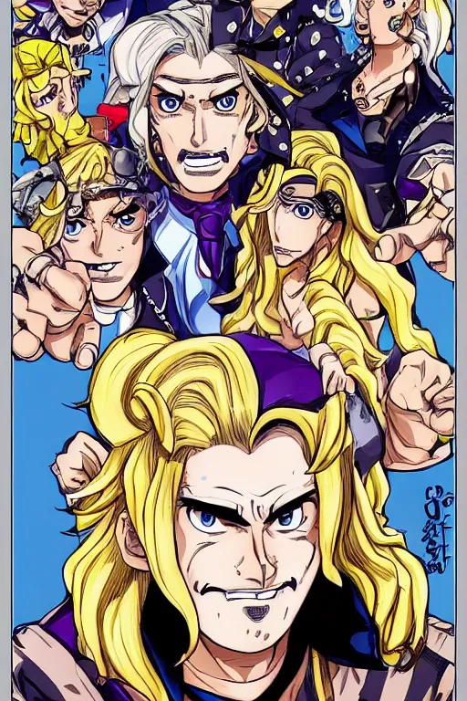 Prompt: jojo's bizzare adventure manga character portrait, boy with blue eyes and long blonde hair, symmetrical face happy, mustache, stubble, steel ball run, handsome face, jojo's bizzare adventure, illustrated by hirohiko araki, illustration