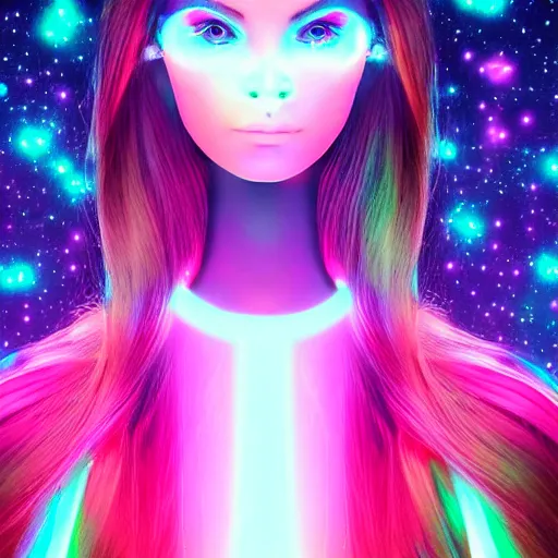 Prompt: electronic robot girl with glowing fiber optic hair and luminous eyes containing galaxies