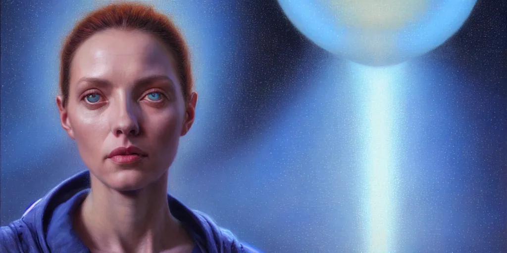 Image similar to ( ( ( ( ( hyperrealist distant portrait of liara t'soni on a blue planet where it rains colors. ) ) ) ) ) by donato giancola, science fiction, photorealistic, octane render, unreal engine, dynamic lighting, trending on artstation, poster, volumetric lighting, very detailed faces, 4 k, award winning