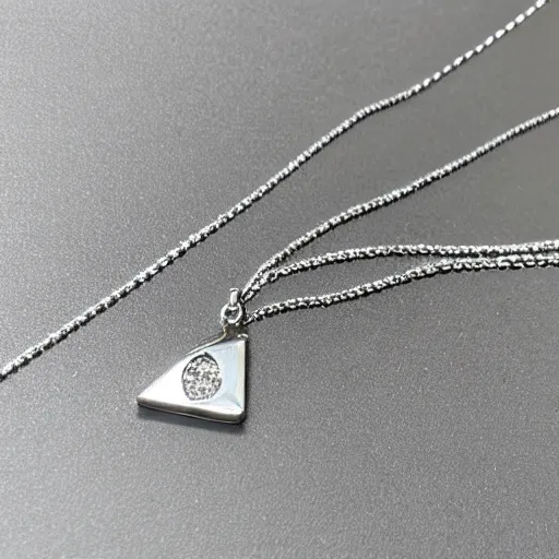 Image similar to a silver inlaid necklace with a house shaped diamond stone, photo realistic