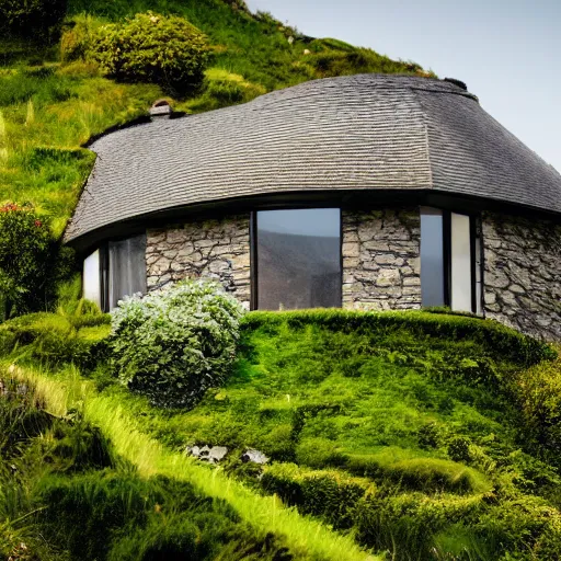 Image similar to a very beautiful house with a Green garden on a Cliff in Ireland, 8K, photorealistic, High resolution, architectural digest