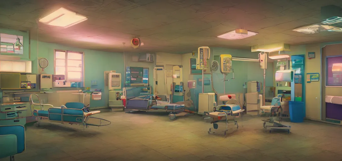 Prompt: retro hospital, colorful, 8 k photorealistic, hd, high details, trending on artstation