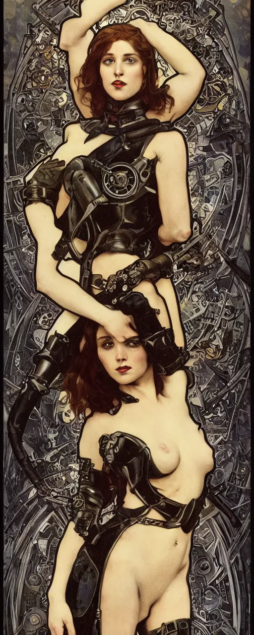 Prompt: striking sensual industrial art nouveau style portrait of kitty pryde as an ironpunk black metal rebel soldier by micgael kaluta, simon bisley and alphonse mucha, photorealism, extremely hyperdetailed, perfect symmetrical facial features, perfect anatomy, ornate declotage, weapon, latex, excited expression, wild eyes