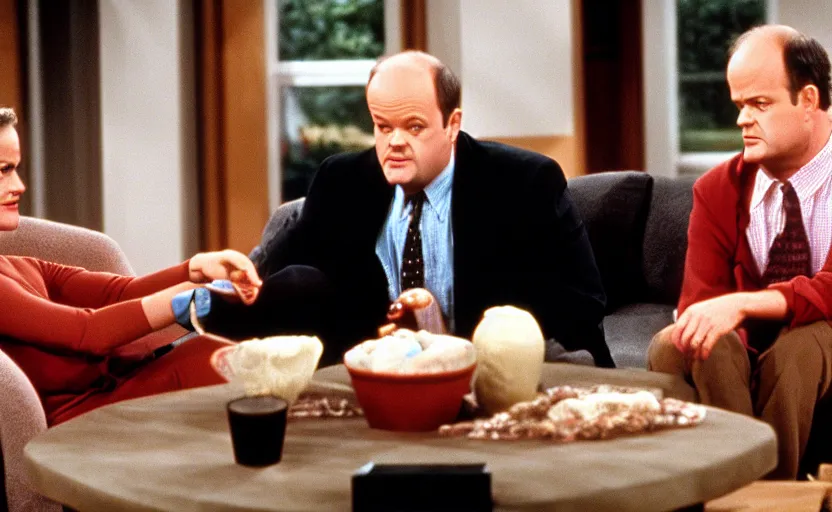 Prompt: the episode of frasier where the living room is flooded with chocolate