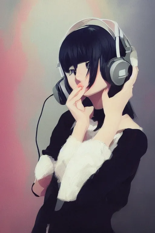 Image similar to a cute young woman listening to music with her eyes closed and wearing headphones in the style of Ilya Kuvshinov and Range Murata, white bob cut hair, freckles, dark thunderclouds in the backround, poster, oil on canvas by Krenz Cushart, 8k