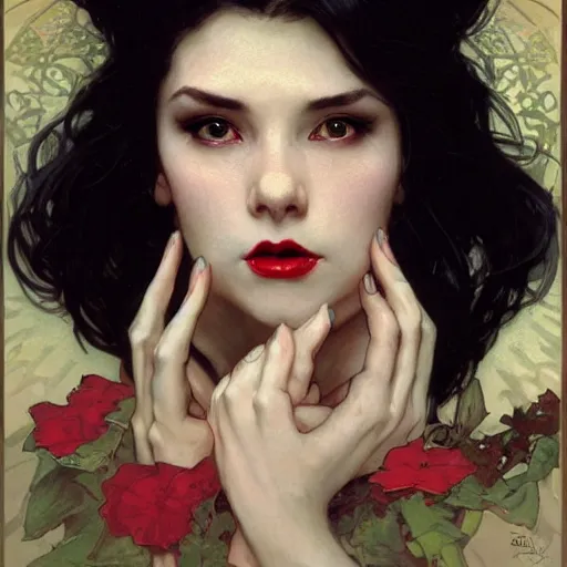 Prompt: portrait of a very very beautiful vampire by Stanley Artgerm Lau , greg rutkowski, thomas kindkade, alphonse mucha, loish, norman rockwell, J. C. Leyendecker. dark black hair, pale skin, detailed eyes, red lips, detailed framing, center focus. Trending on artstation rule of thirds extremely detailed illustration hd 4k