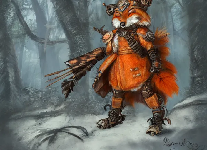 Image similar to ashigaru steampunk - inspired feathered anthropomorphic fox, colorful plumage, lacquered armor, cute but determined, hard focus, art station, by jessica rossier and brian froud, cinematic fantasy painting, orange grey white, in a woodland glade